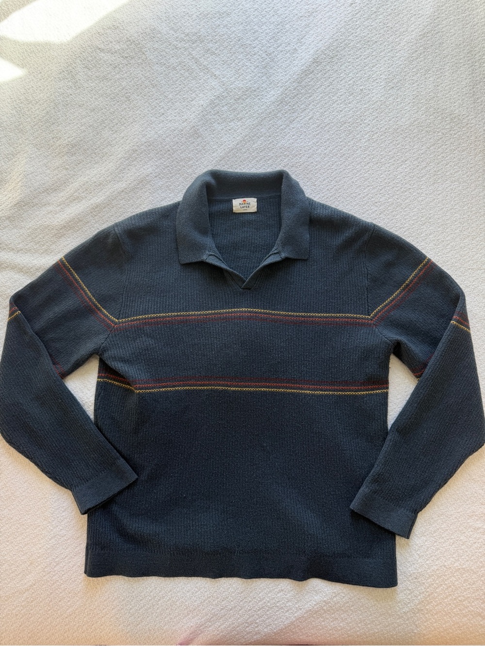 Marine Layer Liam Long Sleeve Sweater Polo Navy Sunset Stripe Large